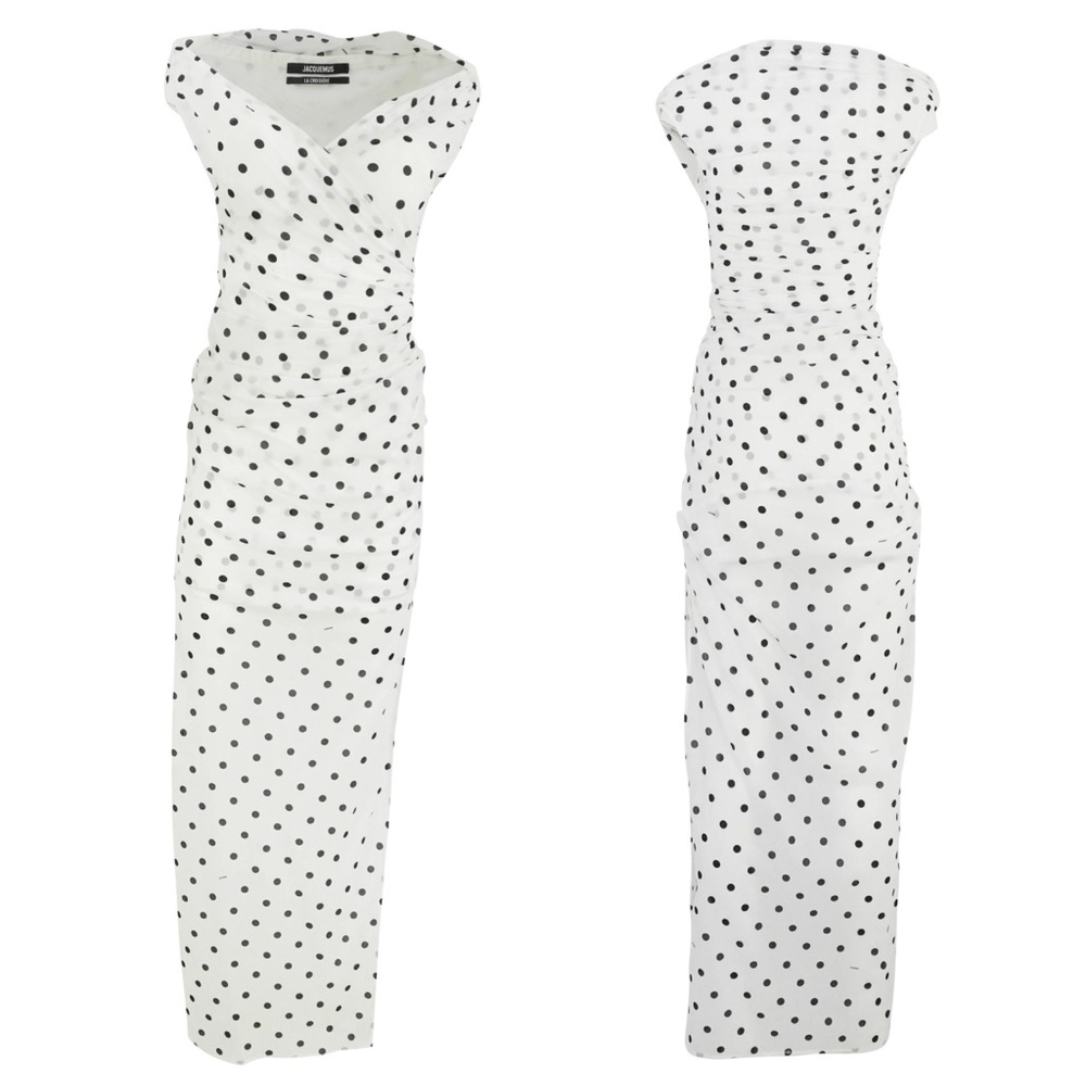 Jacquemus Strapless Dress in White with Black Dots